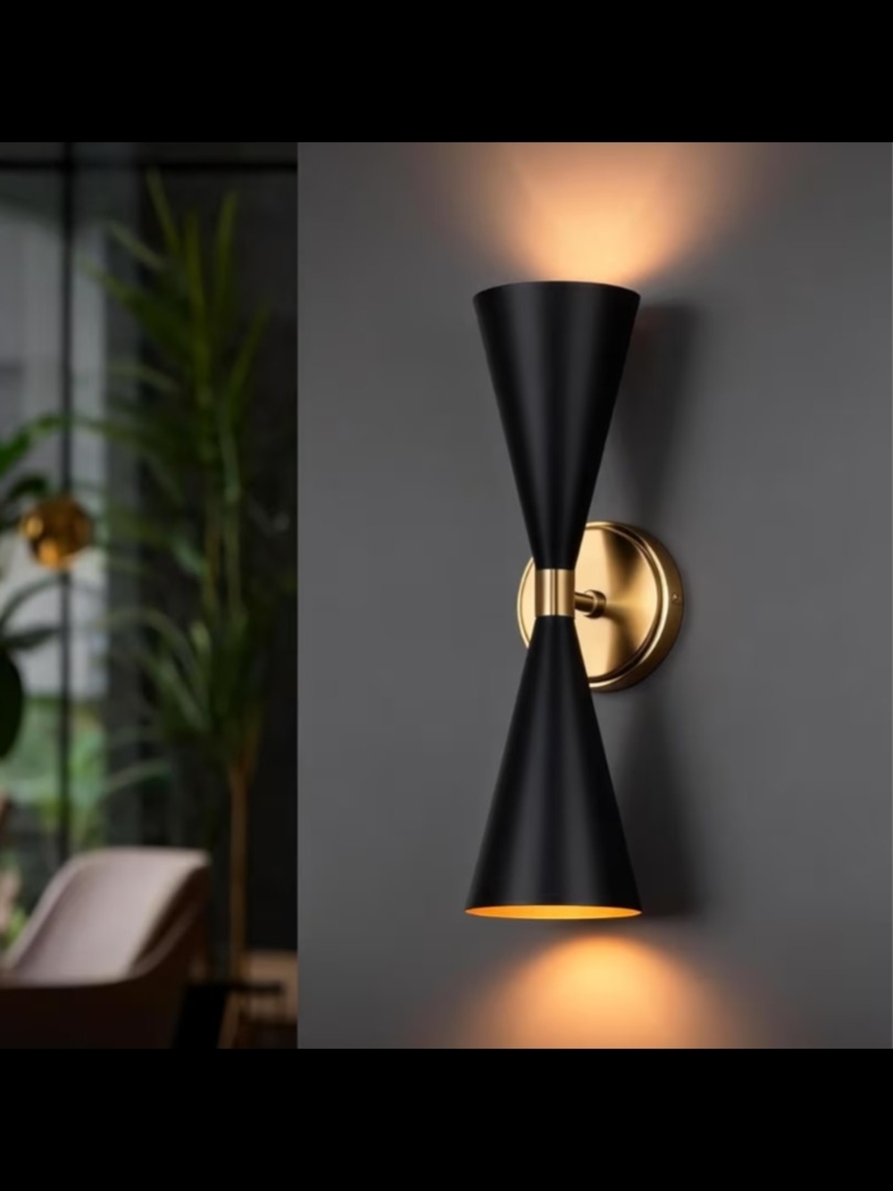Modern And Sleek Double Cone Wall Sconces in Matte Black and Gold - Pair - Picture 3 of 8